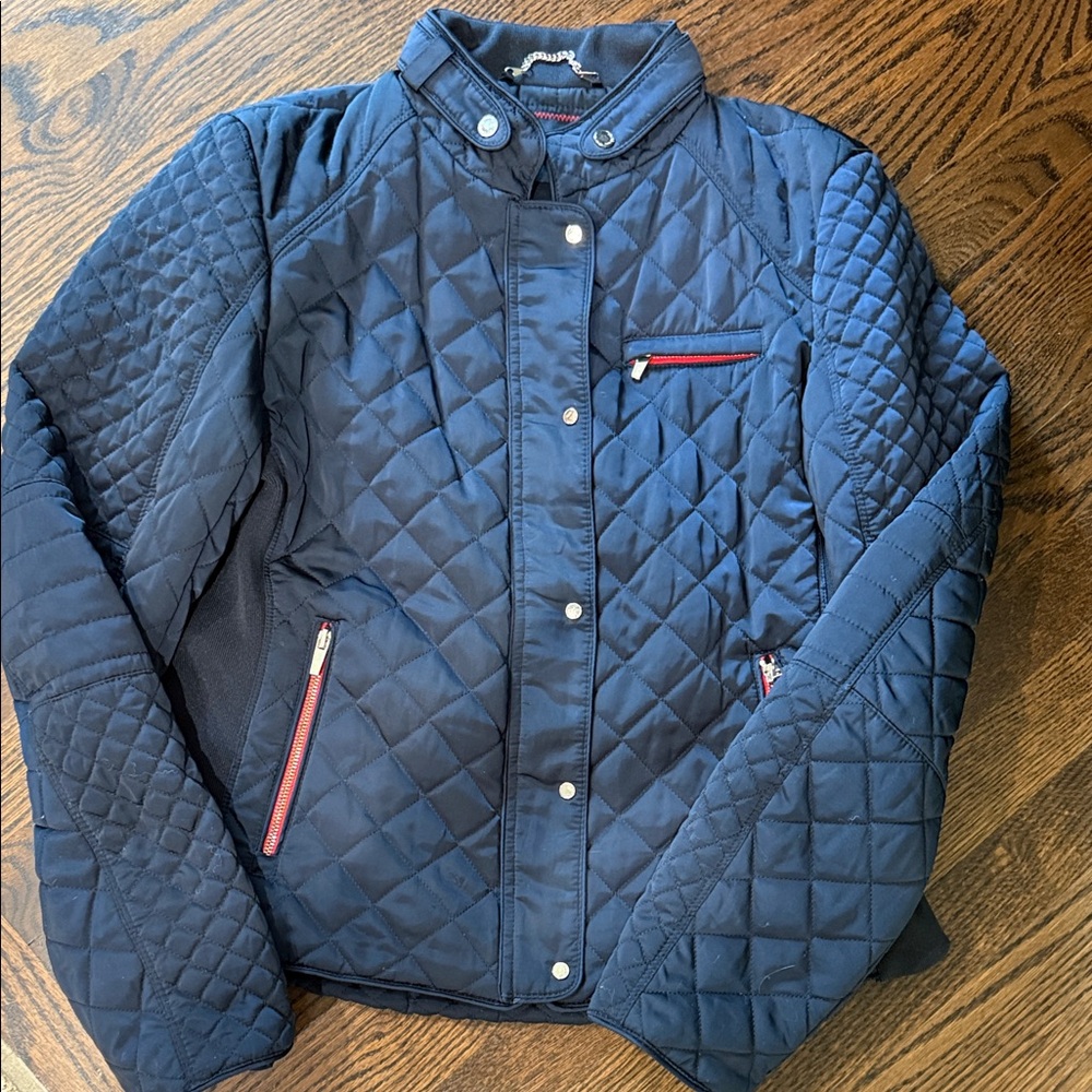 Zara Dark Blue Quilted Jacket with Red Accents